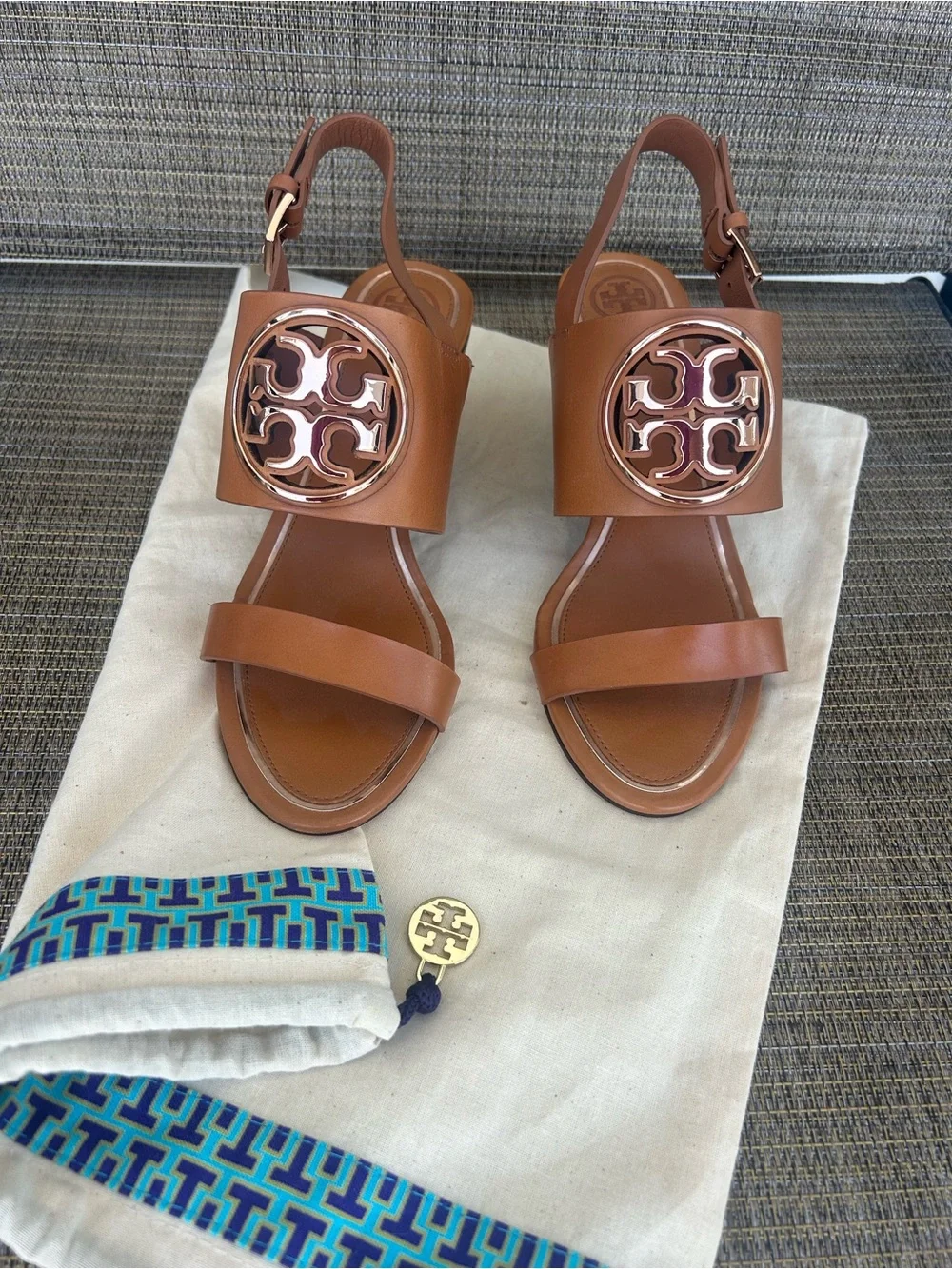 Auth NEW Tory Burch Sz 6 Metal miller Wedge heels tan brown 65mm Leather Sandals